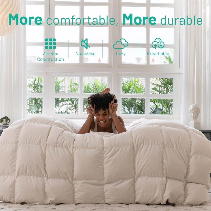 Three Geese Luxury Down Feathers Fiber Comforter King Size - 750 Fill Power All Season Down Duvet Insert, Ultra-Soft Hotel Collection White Comforter, Baffle-Box Design - Noiseless - Lightweight. - Image 3
